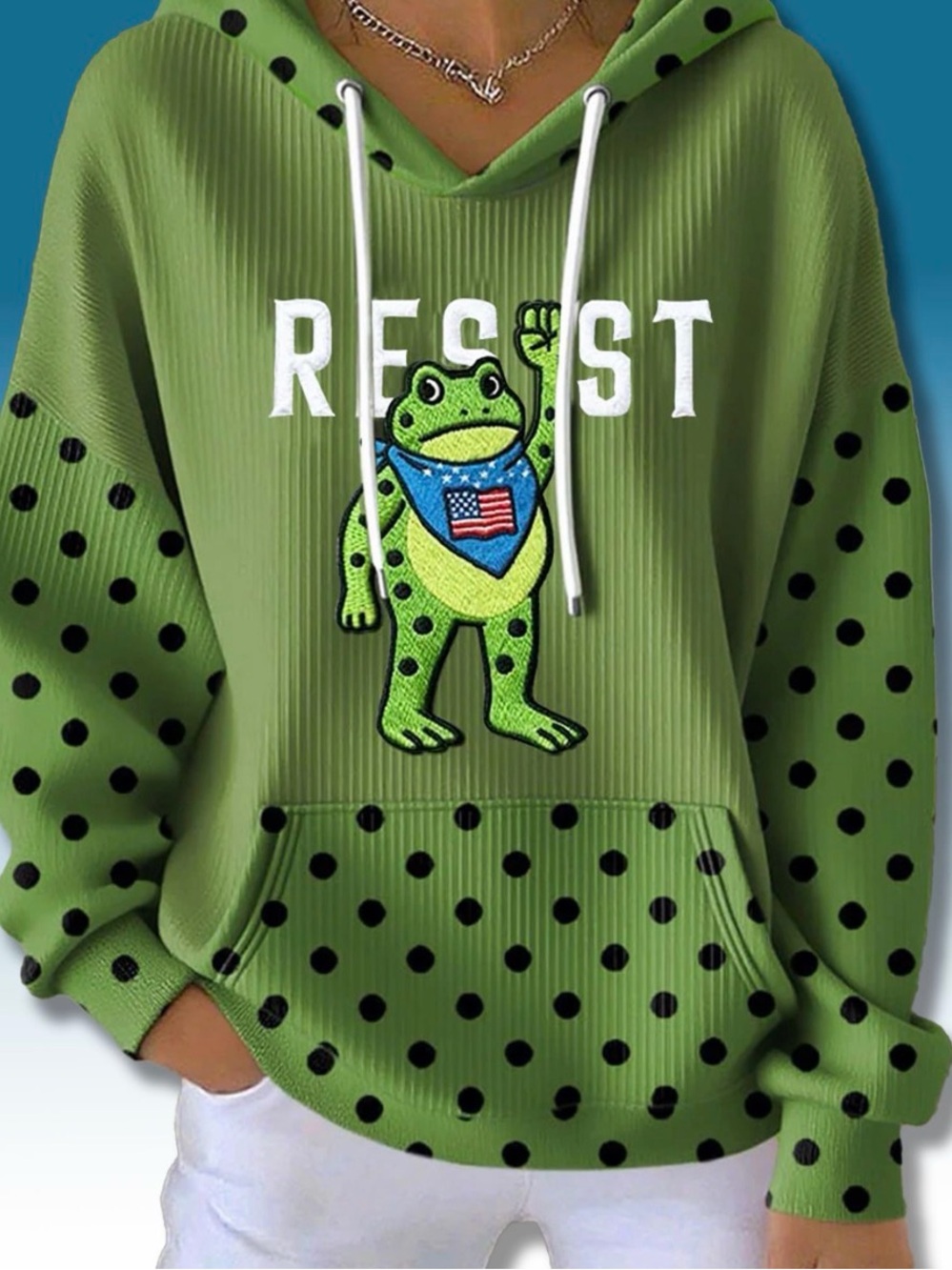 Resist Frog Green Polka Dot Hoodie -size small in men’s (large for women)